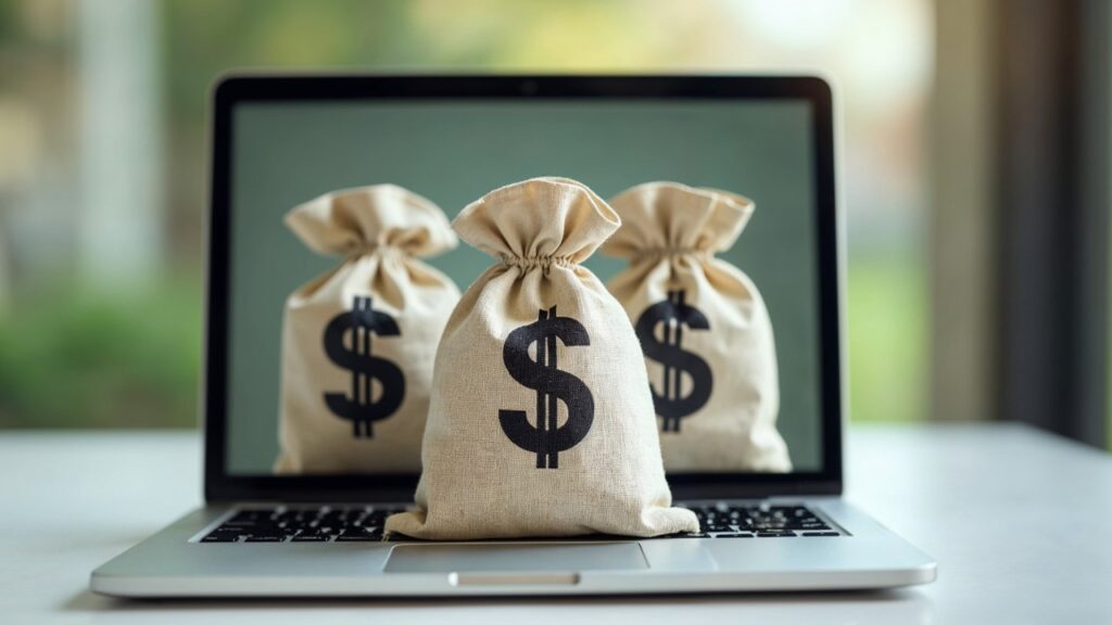 Bags of money in front of laptop